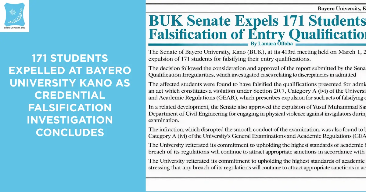 171 Students Expelled at Bayero University Kano as Credential Falsification Investigation Concludes
