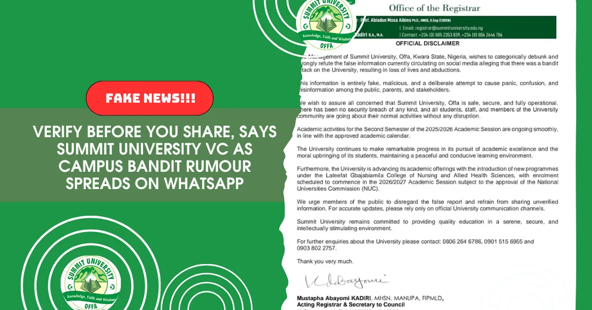 Verify Before You Share, Says Summit University VC as Campus Bandit Rumour Spreads on WhatsApp