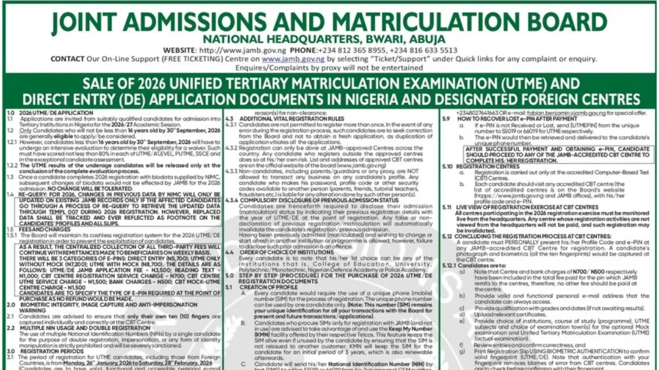 JAMB Announces 2026 UTME/DE Registration & Examination Dates